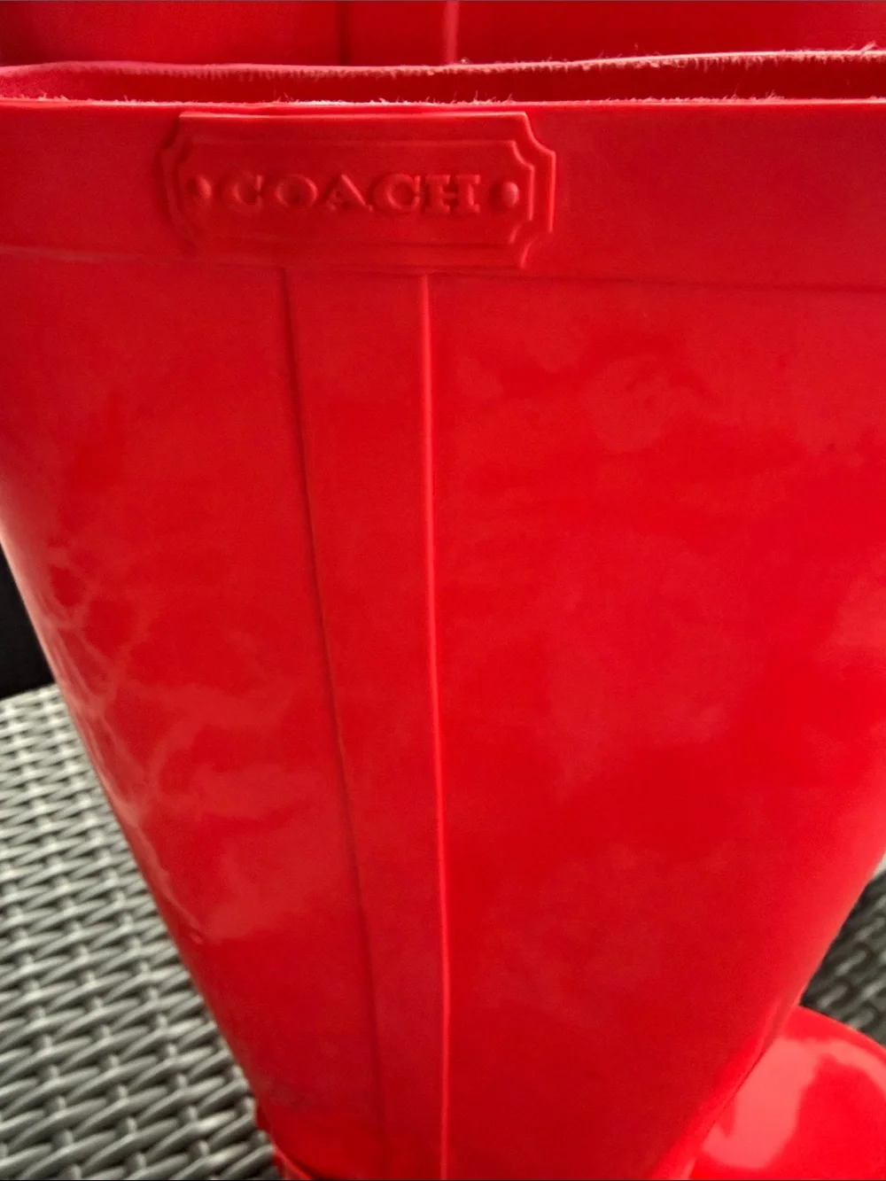 Coach rain Boots coral Red Knee-High with Chain Accent size 8 w/tags